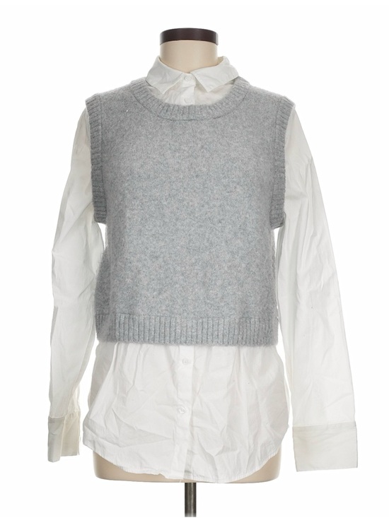 Open Edit Tops - Grey Sleeveless Knit Layering Sweater with White Shirt